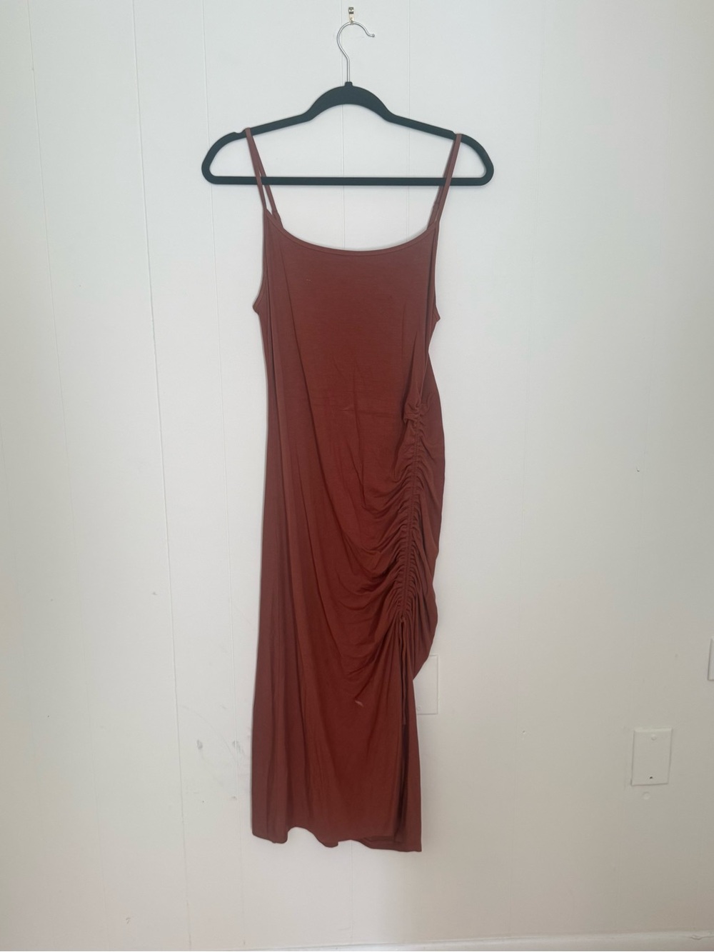 Wilfred Rust Spaghetti-Strap Ruched Midi Dress